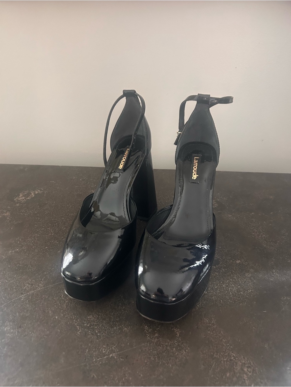 Larroude Black Patent Platform Block Heel Mary Janes